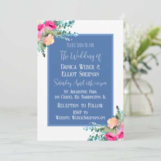 ブルーエレガントフローラピンクローズブドエレガントな結婚式 招待状 (スタンド正面)