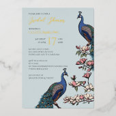 ブルーエレガントフローラピーコックブライダルシャワー 箔招待状 (正面)