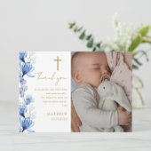 ブルーエレガントフローラフォトバプテスマ《キリスト教》洗礼式や命名式 サンキューカード (スタンド正面)
