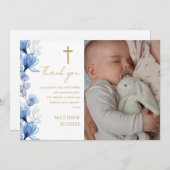 ブルーエレガントフローラフォトバプテスマ《キリスト教》洗礼式や命名式 サンキューカード (正面/裏面)