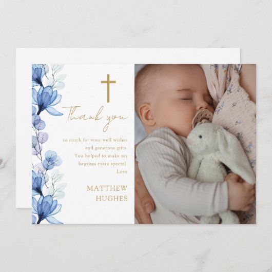 ブルーエレガントフローラフォトバプテスマ《キリスト教》洗礼式や命名式 サンキューカード (正面/裏面)