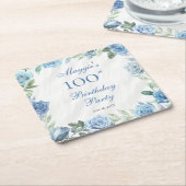 ブルーエレガントフローラフレーム100th誕生日パーティー スクエアペーパーコースター (アングル)