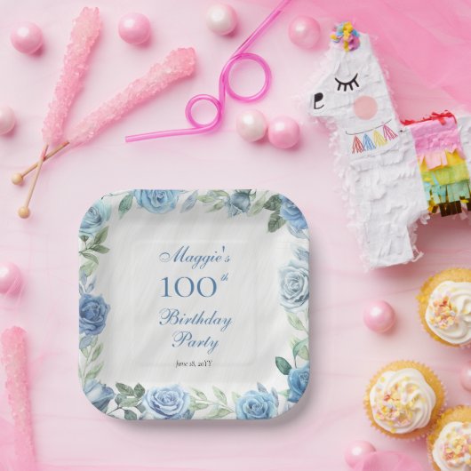 ブルーエレガントフローラフレーム100th誕生日パーティー ペーパープレート (パーティー)