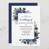 ブルーエレガントフローラフレー結婚ム 招待状 (正面/裏面)