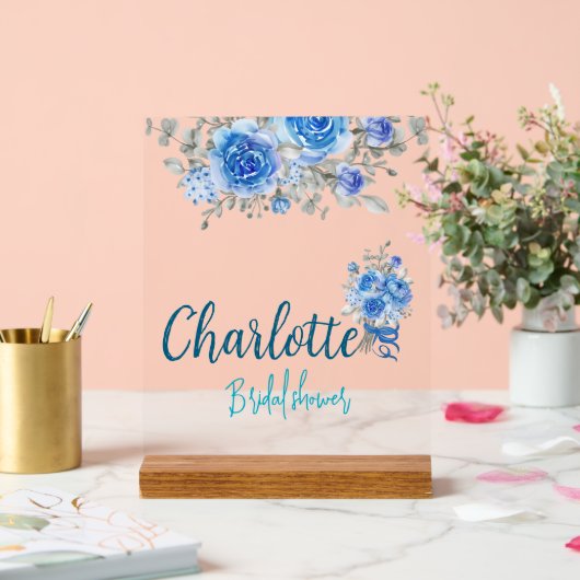 ブルーエレガントフローラブライダルシャワーウェルカムアクリル アクリルサイン (ウェディング)