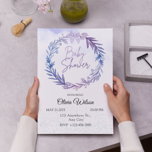 ブルーエレガントフローラベビーシャワー 招待状