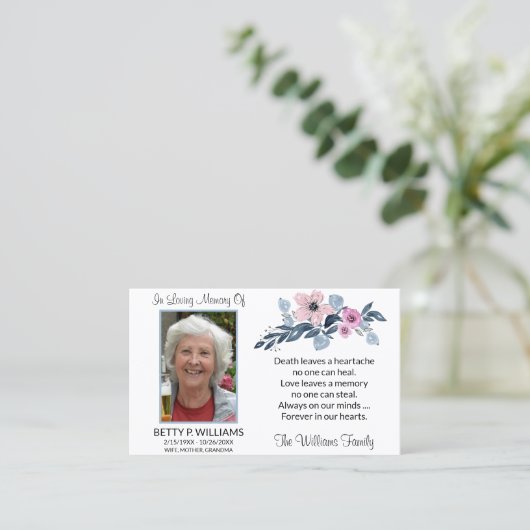 ブルーエレガントフローラメモリアル祈りの言葉カード 名刺 (スタンド正面)