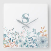 ブルーエレガントフローラモノグラム スクエア壁時計 (正面)