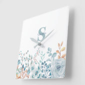 ブルーエレガントフローラモノグラム スクエア壁時計 (傾斜)