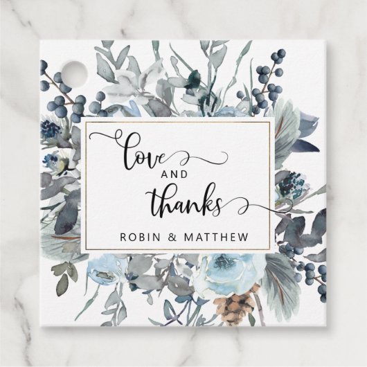 ブルーエレガントフローララブ&感謝してい結婚式の引き出物 フェイバータグ (正面)