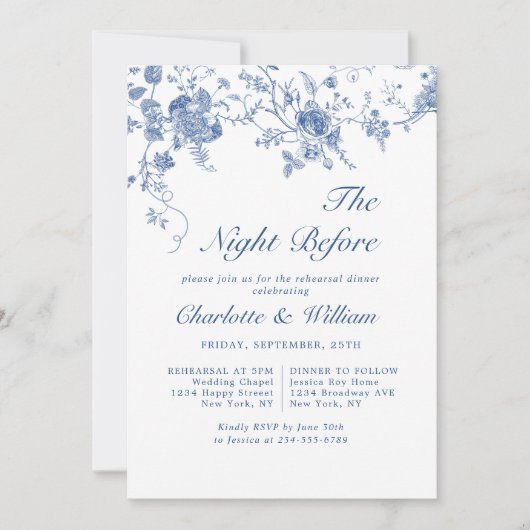 ブルーエレガントフローラリハビクトリアンーサルディナー 招待状 (正面)