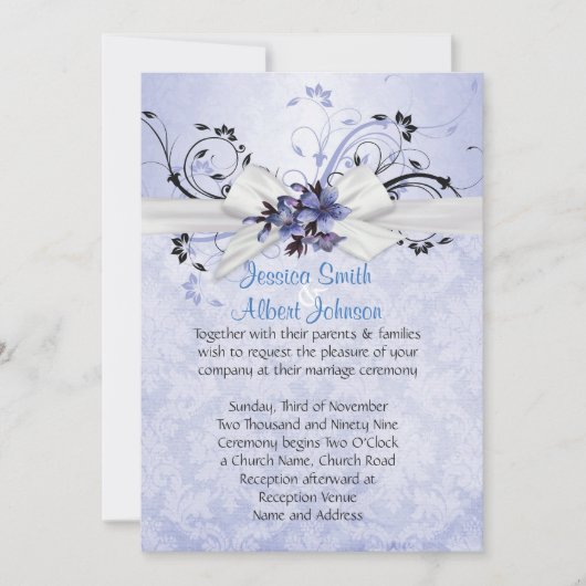 ブルーエレガントフローラリボンダマスクウェディング招待状 招待状 (正面)