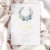 ブルーエレガントフローラリースクロスボーイバプテスマ金ゴールド 箔招待状