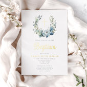 ブルーエレガントフローラリースクロスボーイバプテスマ金ゴールド 箔招待状
