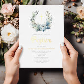 ブルーエレガントフローラリースクロスボーイバプテスマ金ゴールド 箔招待状