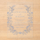 ブルーエレガントフローラリースボヘミアン結婚ズ アクリル招待状 (正面)