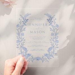 ブルーエレガントフローラリースボヘミアン結婚ズ アクリル招待状