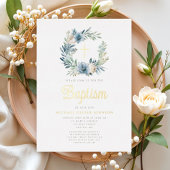 ブルーエレガントフローラリースボーイバプティスマ金ゴールド 箔招待状