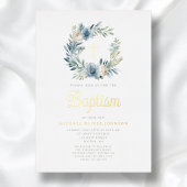 ブルーエレガントフローラリースボーイバプティスマ金ゴールド 箔招待状