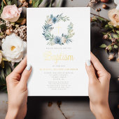 ブルーエレガントフローラリースボーイバプティスマ金ゴールド 箔招待状