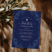 ブルーエレガントフローラリーフボーイズファースト聖餐式 招待状