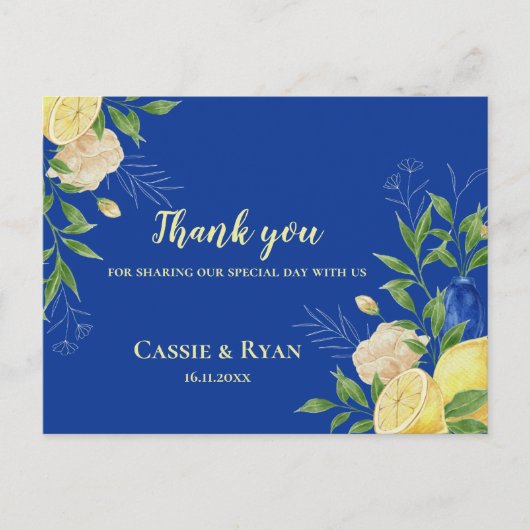 ブルーエレガントフローラレモ結婚ンサンキューカード ポストカード (正面)