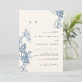 ブルーエレガントフローラレースアイボリー結婚ズ 招待状 (スタンド正面)