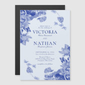 ブルーエレガントフローラロータスチノイスリー結婚ズ マグネット招待状 (正面/裏面)