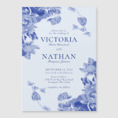 ブルーエレガントフローラロータスチノイスリー結婚ズ マグネット招待状 (正面)