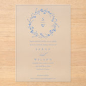 ブルーエレガントフローラローレルリースモノグラム結婚ズ アクリル招待状 (正面)