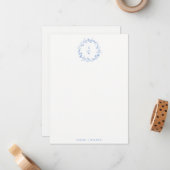 ブルーエレガントフローラローレルリースモノグラム結婚ズ ノートカード (正面/裏面インサイチュ)