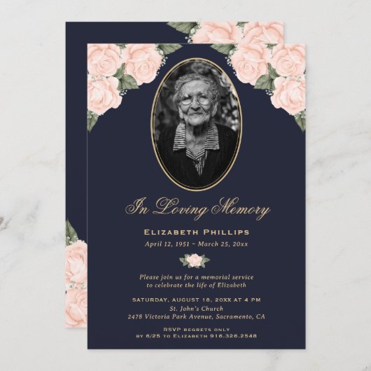 ブルーエレガントフローラ写真葬儀追悼会 招待状 (正面/裏面)