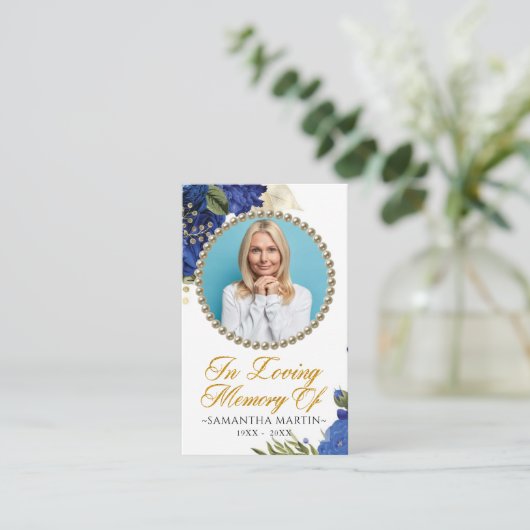 ブルーエレガントフローラ写真葬式祈りの言葉カード 名刺 (スタンド正面)