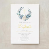 ブルーエレガントフローラ宗教十字少年バプテスマ 箔招待状
