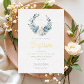 ブルーエレガントフローラ宗教十字少年バプテスマ 箔招待状