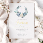 ブルーエレガントフローラ宗教十字少年バプテスマ 箔招待状