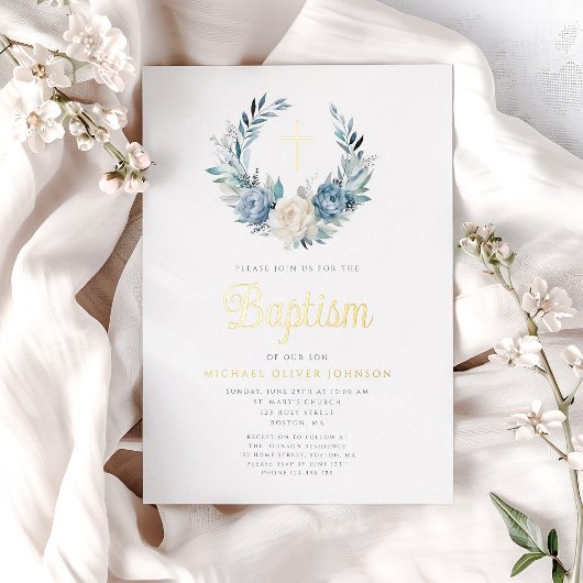 ブルーエレガントフローラ宗教十字少年バプテスマ 箔招待状