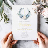 ブルーエレガントフローラ宗教十字少年バプテスマ 箔招待状