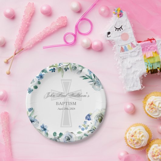 ブルーエレガントフローラ宗教十字洗礼 ペーパープレート (パーティー)