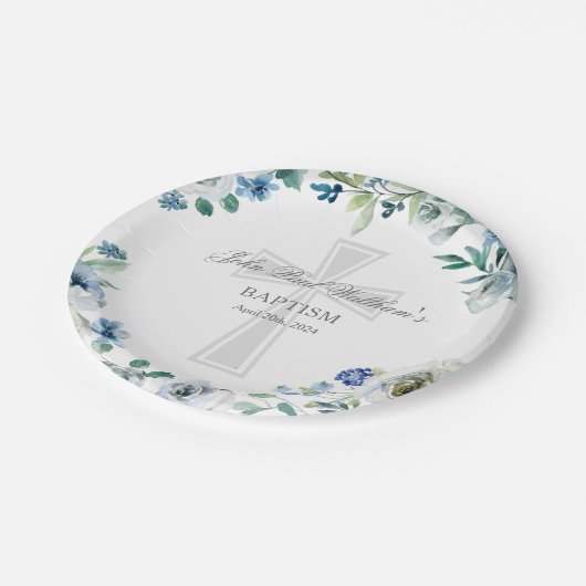 ブルーエレガントフローラ宗教十字洗礼 ペーパープレート (アングル)