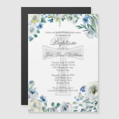 ブルーエレガントフローラ宗教十字洗礼 マグネット招待状 (正面/裏面)