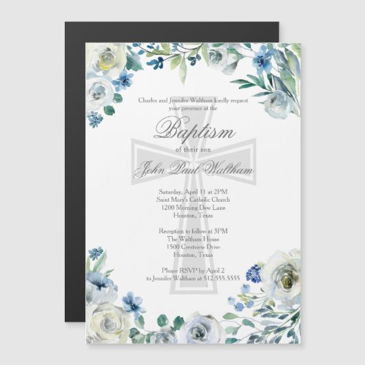 ブルーエレガントフローラ宗教十字洗礼 マグネット招待状 (正面/裏面)