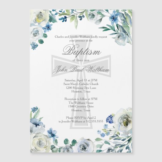 ブルーエレガントフローラ宗教十字洗礼 マグネット招待状 (正面)