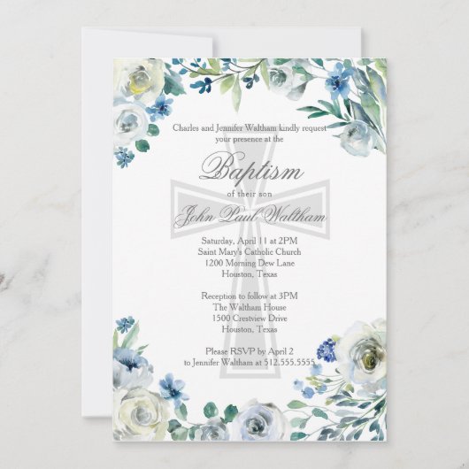 ブルーエレガントフローラ宗教十字洗礼 招待状 (正面)
