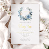 ブルーエレガントフローラ宗教少年バプテスマ金ゴールド 箔招待状