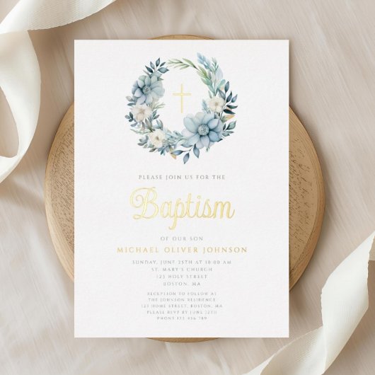 ブルーエレガントフローラ宗教少年バプテスマ金ゴールド 箔招待状