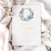 ブルーエレガントフローラ宗教少年バプテスマ金ゴールド 箔招待状