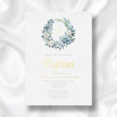 ブルーエレガントフローラ宗教少年バプテスマ金ゴールド 箔招待状