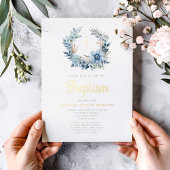 ブルーエレガントフローラ宗教少年バプテスマ金ゴールド 箔招待状