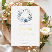 ブルーエレガントフローラ宗教少年バプテスマ 箔招待状